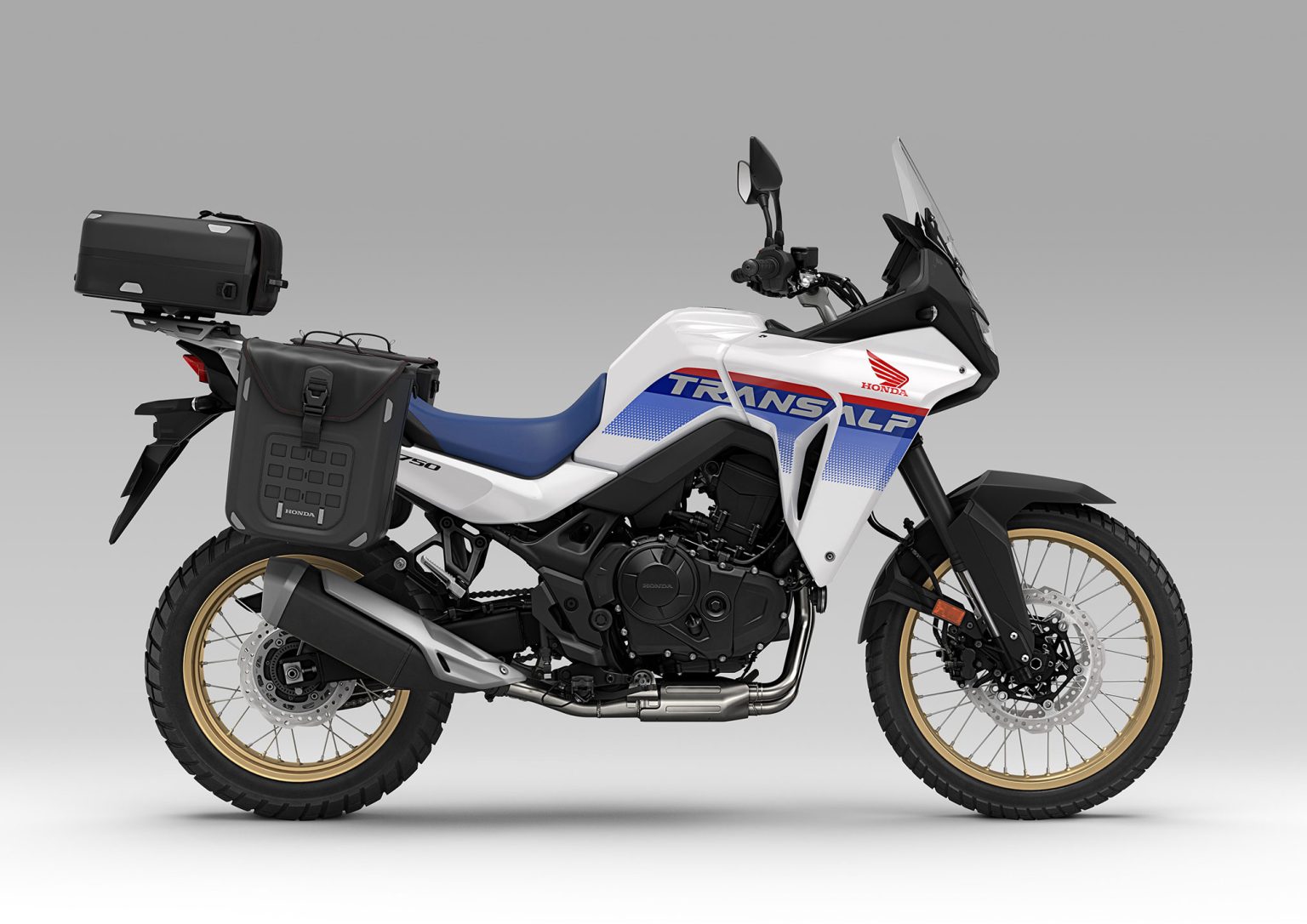 Nouvelle Honda Transalp 750 2025 coté droit et bagagerie